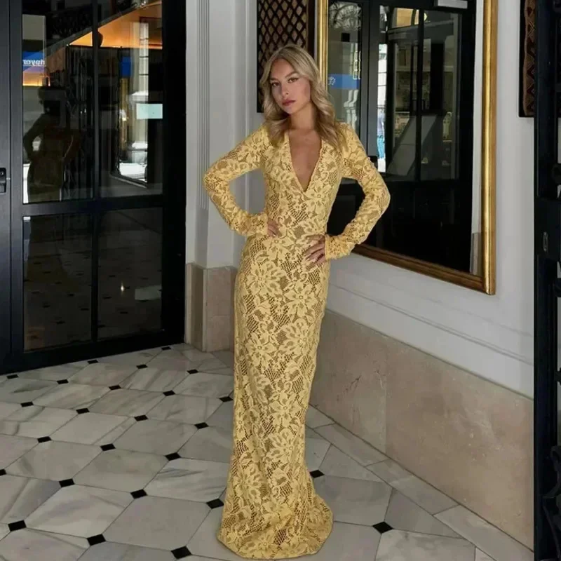 Сексуальное кружевное тонкое длинное платье с глубоким v-образным вырезом