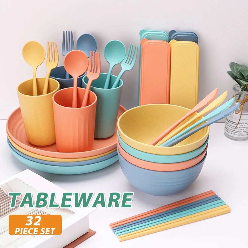 

32pcs Wheat Straw Dinnerware Set With Plates/Chopsticks/Fork/Spoon/Knife/Bowl For 4 People Picnic Camping Kitchen Set