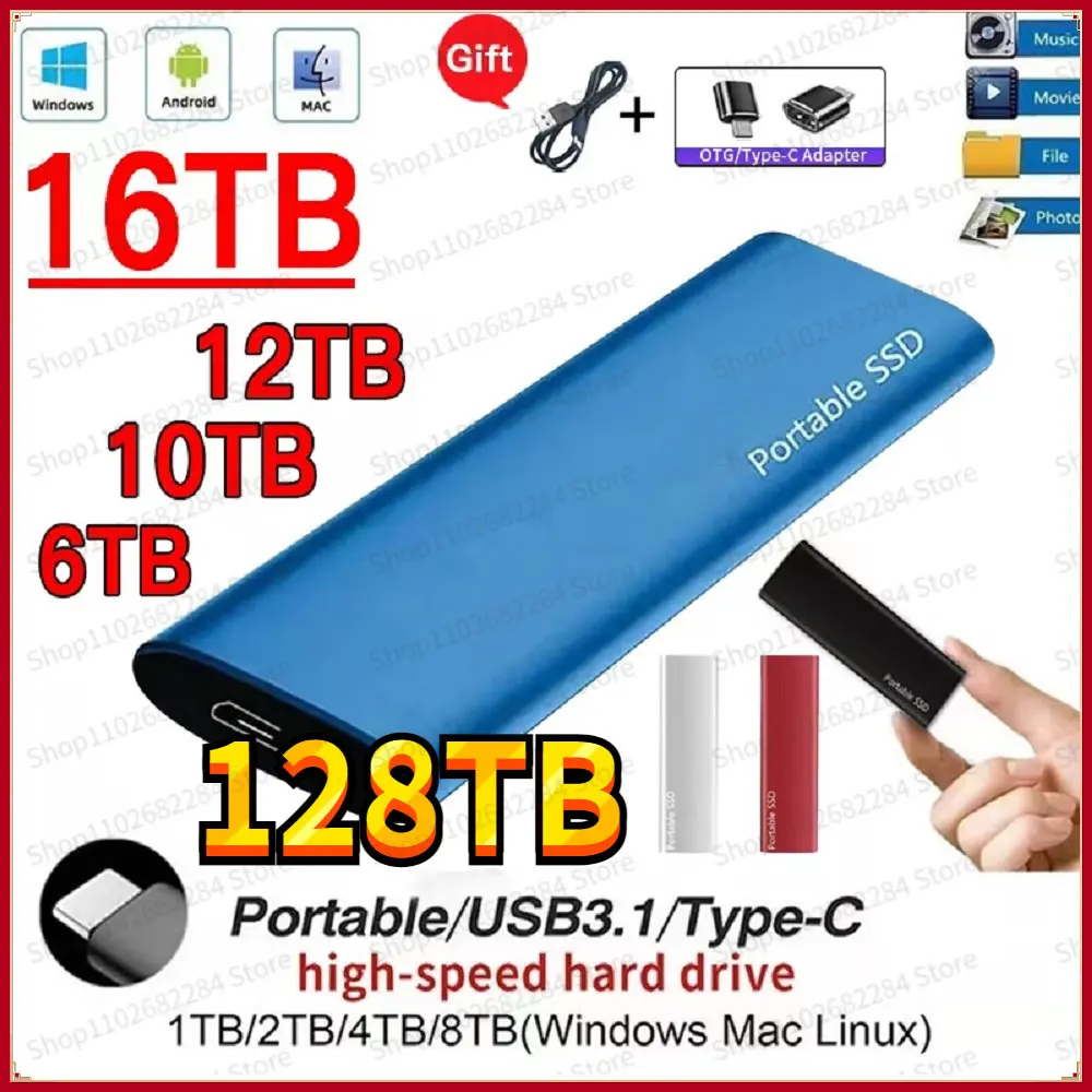

128TB External Solid State Drive USB 3.1 Original Portable SSD Mass Storage External Hard Drive for Laptop Computer Notebook Mac