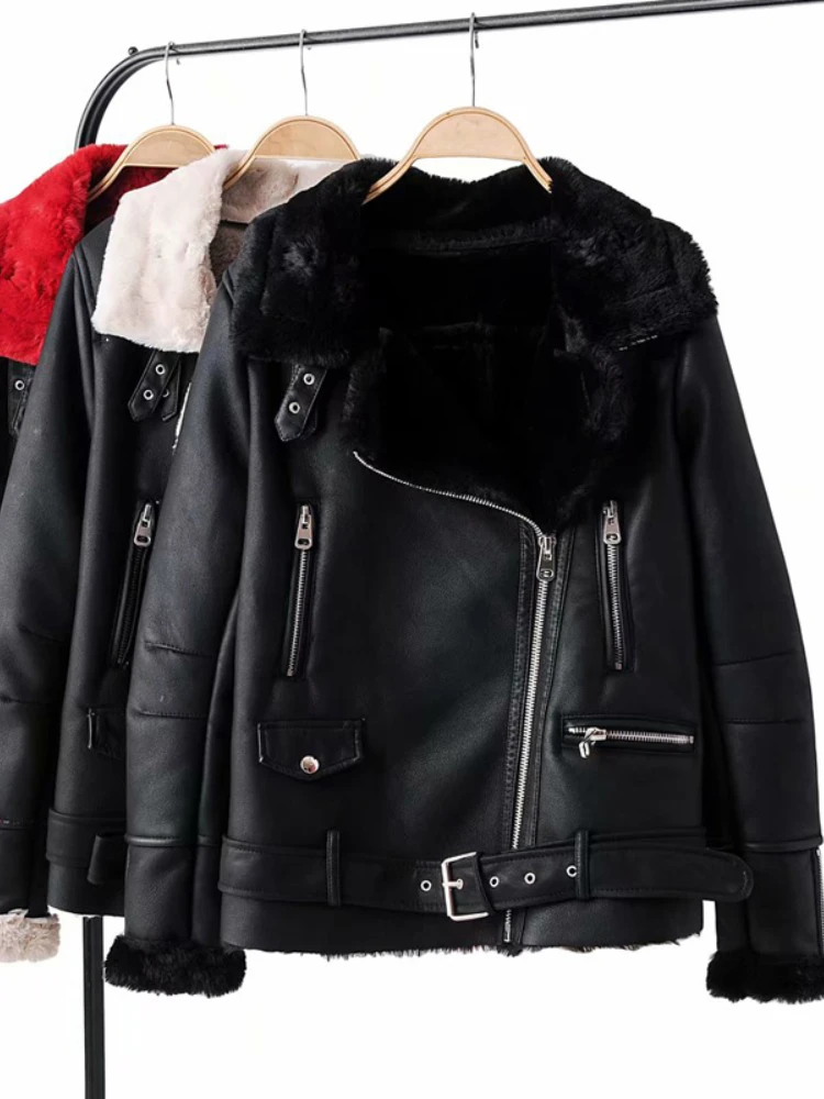 Ly Varey Lin New Winter Faux Leather Jacket Women Pu Motorcycle Turndown Collar Faux Leather Lambs Wool Fur Warm Thick Outerwear