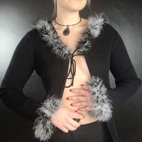 black long sleeve women fluffy turn down collar button women shirt warm cropped top lace up cardigan casual tops y2k aesthetic
