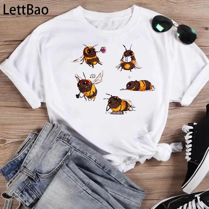 

Women T-shirts Bee Funny Clothing Cute Fashion Summer O-neck T-shirts Female Summer Short Sleeve Cartoon Streetwear T-Shirts Top