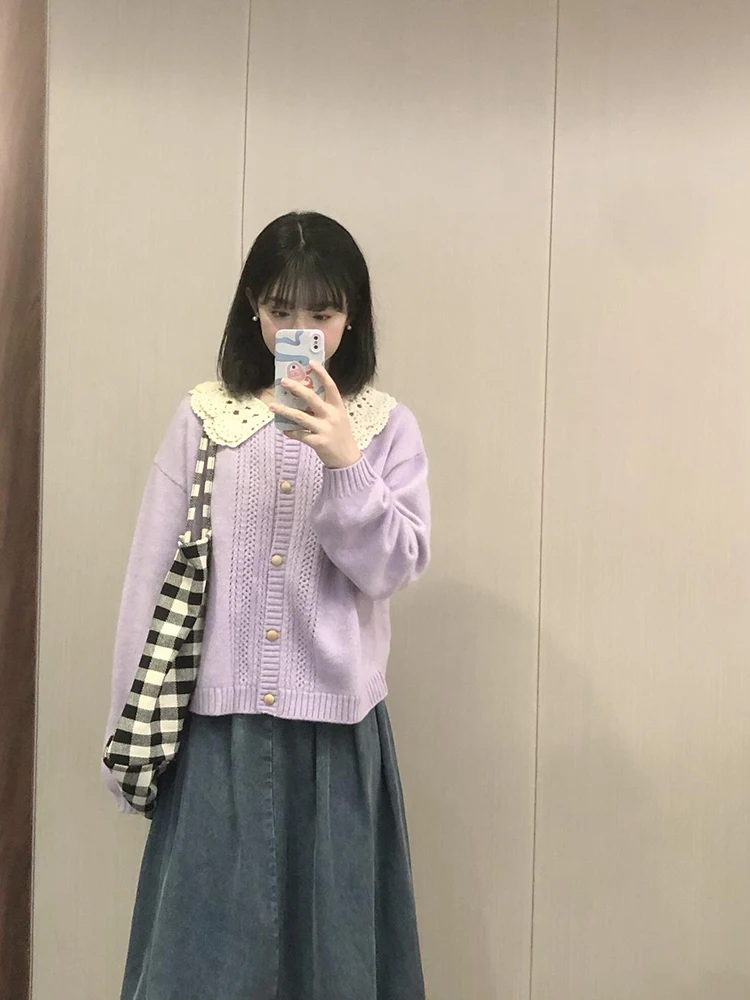 Французский стиль ретро кукольный воротник ажурный фиолетовый свитер верхняя