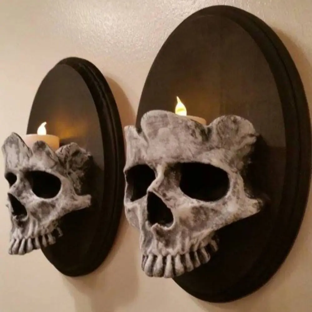 

Skull Candle Holder Vintage Skeleton Candlesticks Halloween Scary Wall Mounted Candle Sconce For Home Bar Party Decoration