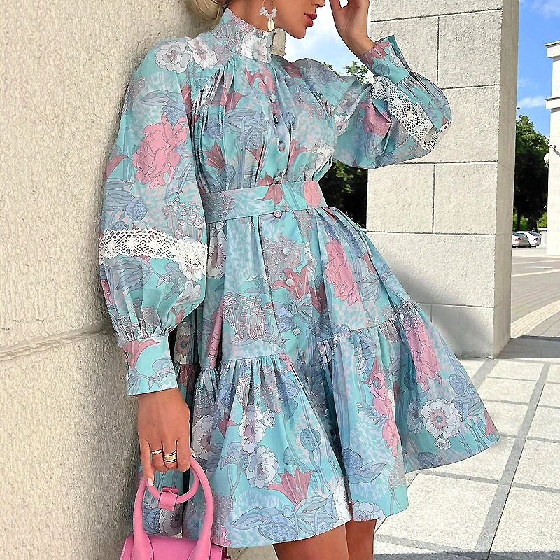 

2022 Female Floral Print Dress Elegant Turtleneck Lantern Sleeve Ruffle Dress Fashion Women Elastic Waist Autumn Party Dresses