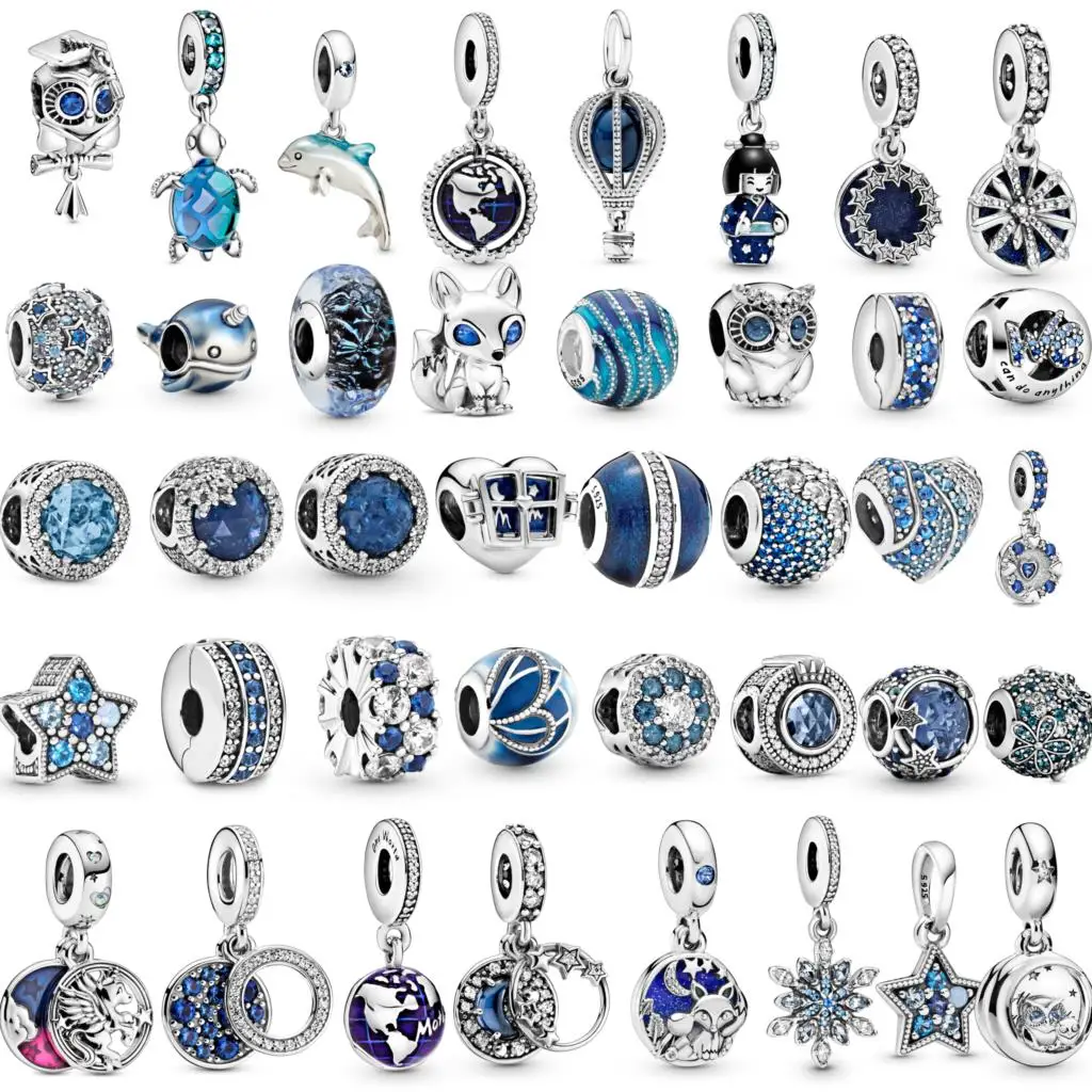 

Лидер продаж 2022, браслет из серебра 925 пробы с сияющими синими снежинками, бусинами и шармами, подходит для оригинального браслета Pandora, ювел...