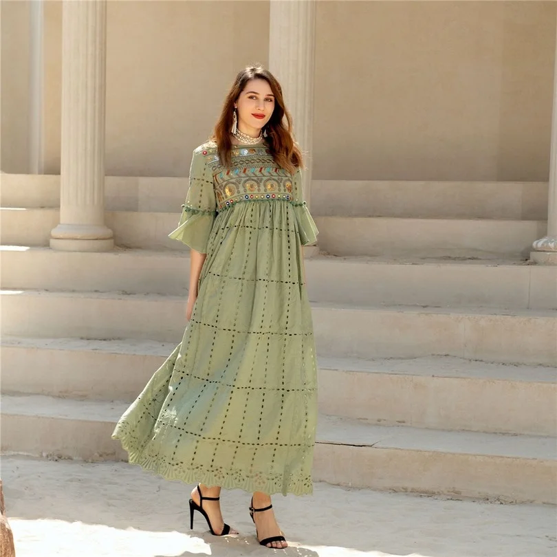 

Ramadan Party Sequined Embroidery Maxi Dress Spring Summer Boho Casual Arabic Ladies Dresses Cotton Hight Quality