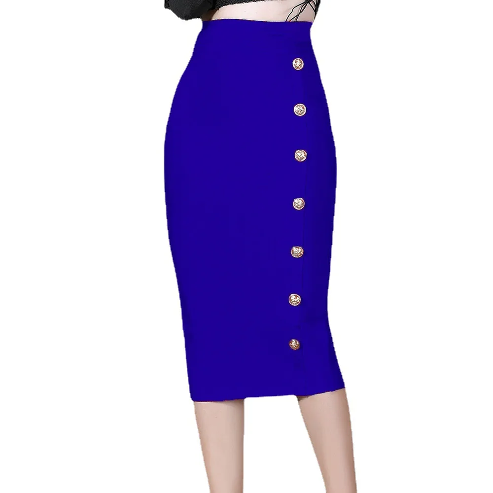 

2022 foreign trade cross-border new women's high waist rayon bandage pencil skirt elegant single-breasted knee-length slit skirt
