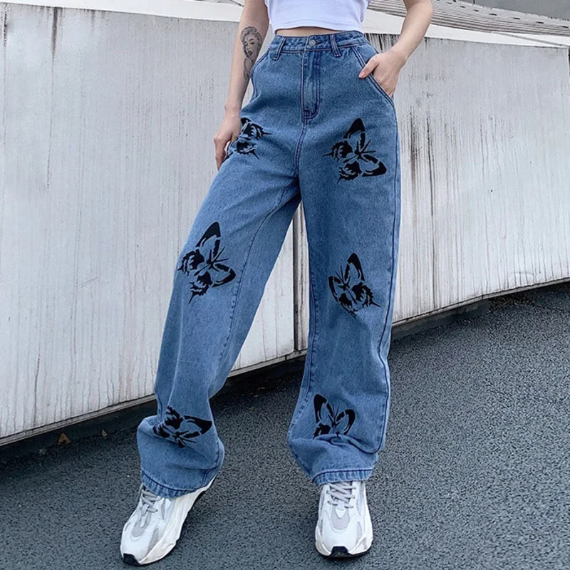 

Xfhh 2021 New Summer Vintage Jeans Woman Long Trousers Cowboy Female Loose Streetwear Butterfly Print Pants ZA4110
