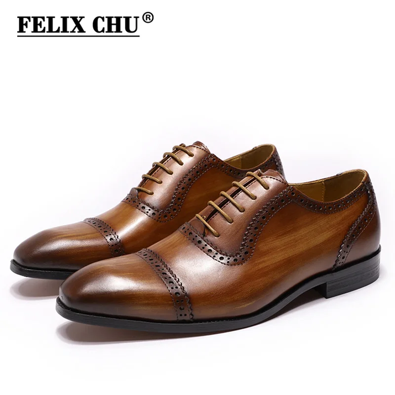 Classic Mens Dress Shoes Genuine Cowhide Leather Lace-up Cap Toe Brogue Oxford Office Business Wedding Formal Suit Shoes for Men