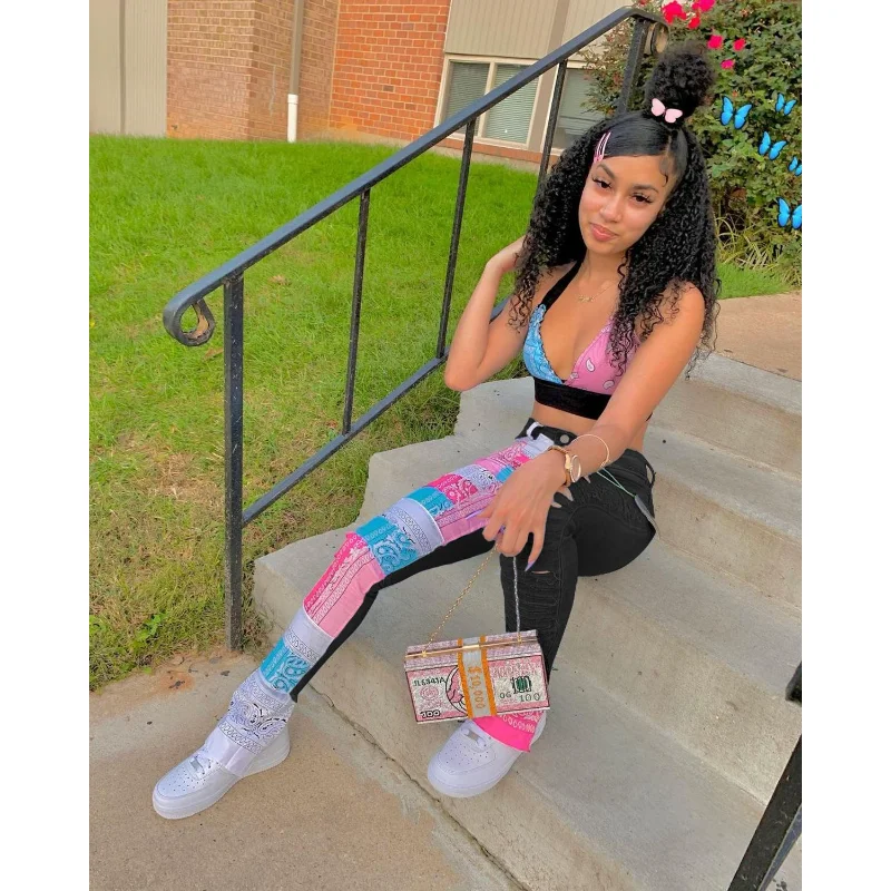 Women Bandanna Patchwork Cut Out Hole Bell Pasiley Buttom Wide Leg Jeans High Street Leggings Flare Denim Draped Denim Trousers