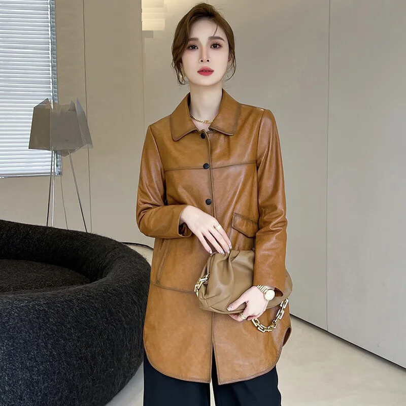 

Женская куртка средней длины из натуральной кожи, весна-осень 2023, трендовый высококачественный облегающий однобортный Тренч из натуральной овечьей шкуры