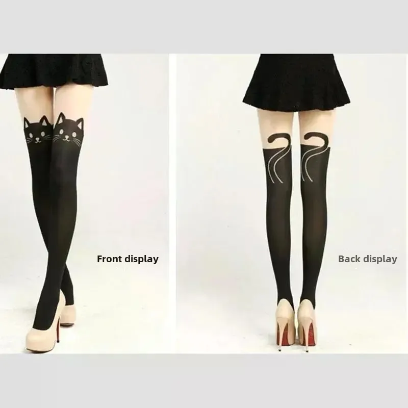 Женские шелковые гольфы с милым принтом черного кота повседневные хлопковые