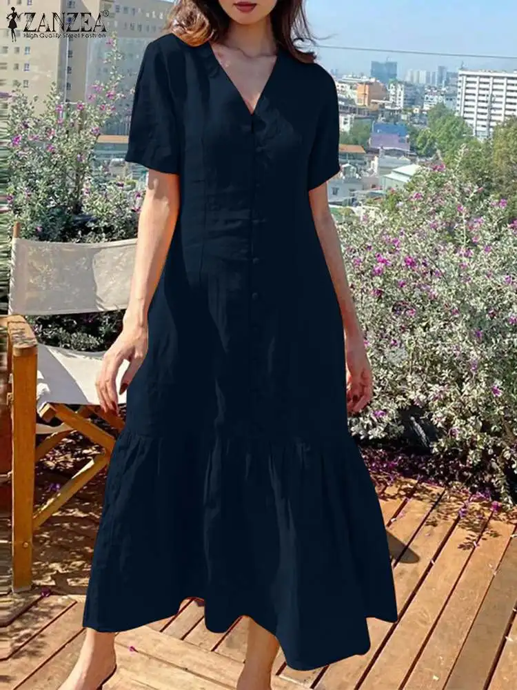 

ZANZEA Holiday Fashion A-line Vestidos Summer Short Sleeve Midi Dress Women Vacation Casual V-neck Solid Ruffled Hem Sundress
