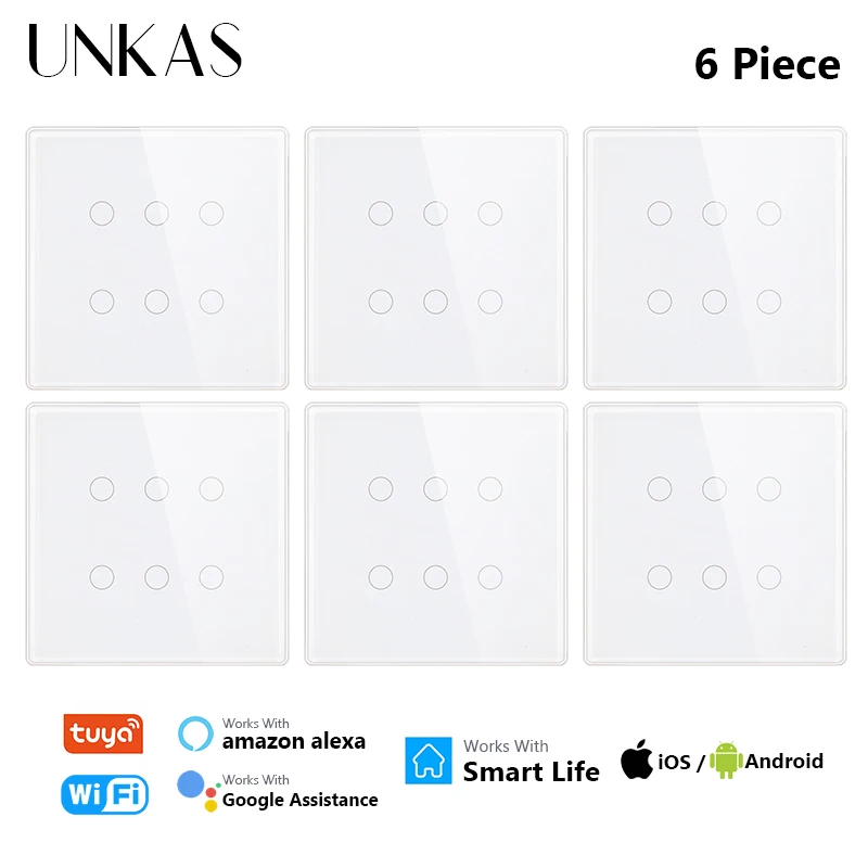 

Настенный выключатель света UNKAS 1/2/3/4/6 шт., сенсорный смарт-выключатель с поддержкой Wi-Fi и Alexa и Google Home, 6 клавиш