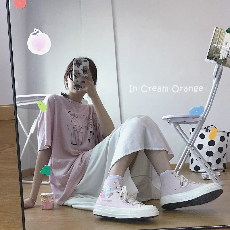 SHANPA Kawaii Strawberry Milk Print Shoes for Women Korean Fashion Student Winter High Top Canvas Casual Shoes Zapatillas Mujer