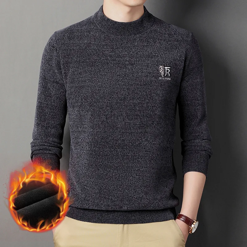 Men's Autumn and Winter Plush Sweater, Solid Color Round Neck Sleeve, Soft and Breathable Top, Casual and Versatile Knitwear