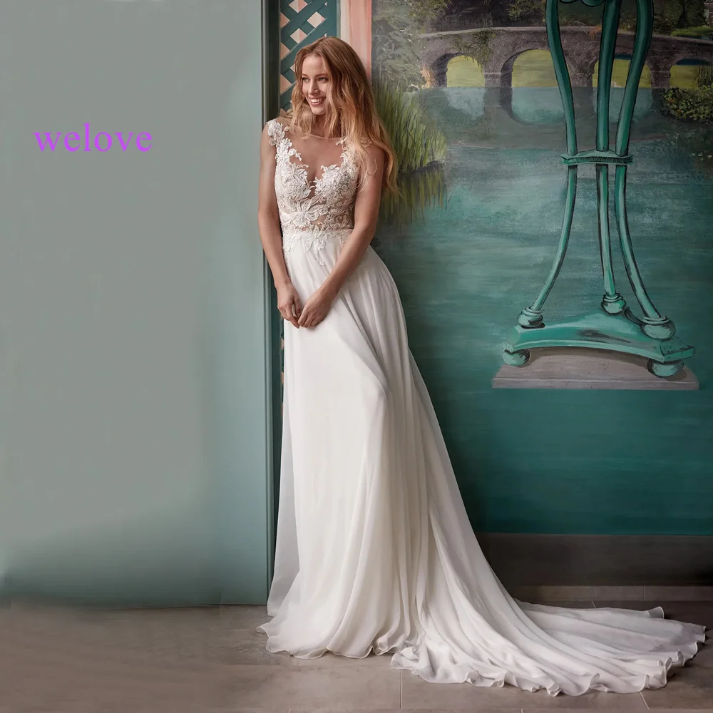 

UZN Elegant Light Champagne A-Line Lace Appliques Wedding Dress V-Neck Sleeveless Beading Bridal Gown Ivory Spagetti Straps Open