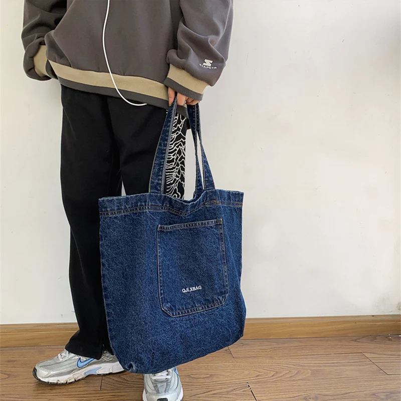 

Women Shoulder Bag Shopper casual simple Totes Large Capacity Female Denim Vintage Solid Shopping Travel Handbags