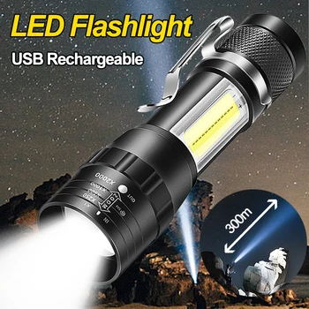 미니 USB 충전식 LED 손전등, 소형 휴대용 장거리 줌 토치 램프, 클립 포함, 강한 빛 야외 캠핑 조명