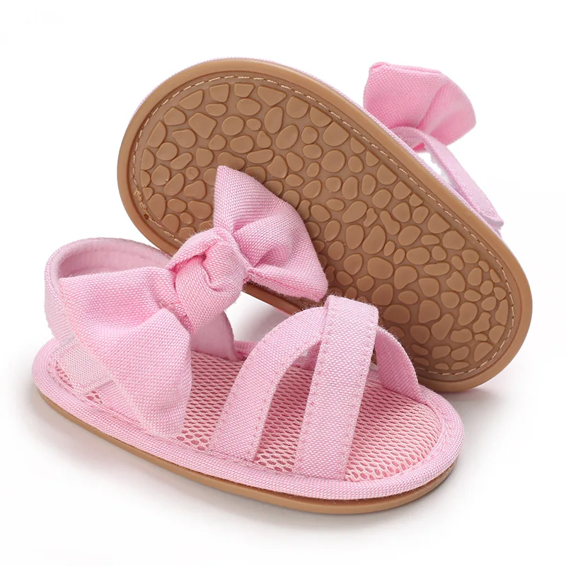 

Newborn Girls Bow Embellishment Sandals Solid Color Cross Straps Breathable Soft Sole Non-Slip Princess Flat Shoes