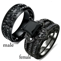 fashion menwomen black ring simple stainless steel zircon men ring romantic rhinestones heart women ring set engagement gift