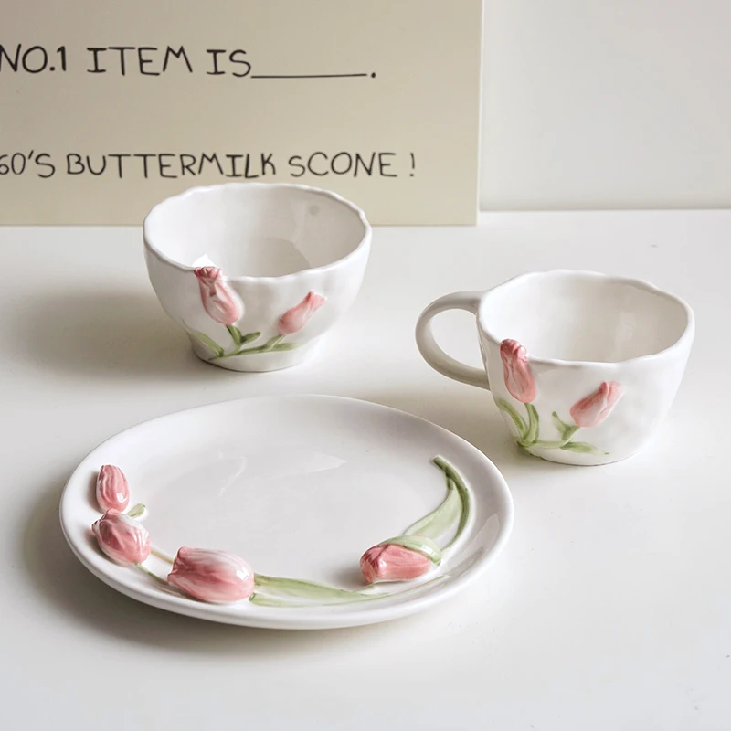 Relief Tulip Ceramic Bowl Plate Dish Coffee Cup Mug Dinnerware Set Cutlery Salad Dessert Tray Cake Stand Tableware Decorative