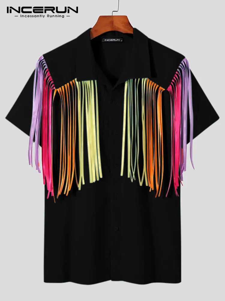 INCERUN Tops 2022 American Style New Men Fashion Shoulder Colorful Tassel Blosue Stylish Short-sleeved Lapel Button Shirts S-5XL