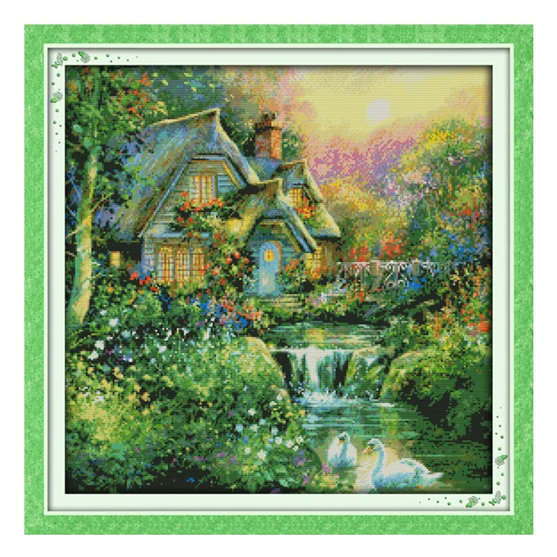 

Country cabin (2) cross stitch kit lanscape garden 14ct 11ct count printed canvas stitching embroidery DIY handmade needlework