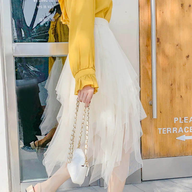 Женская ассиметричная юбка из тюля повседневная длинная Плиссированная