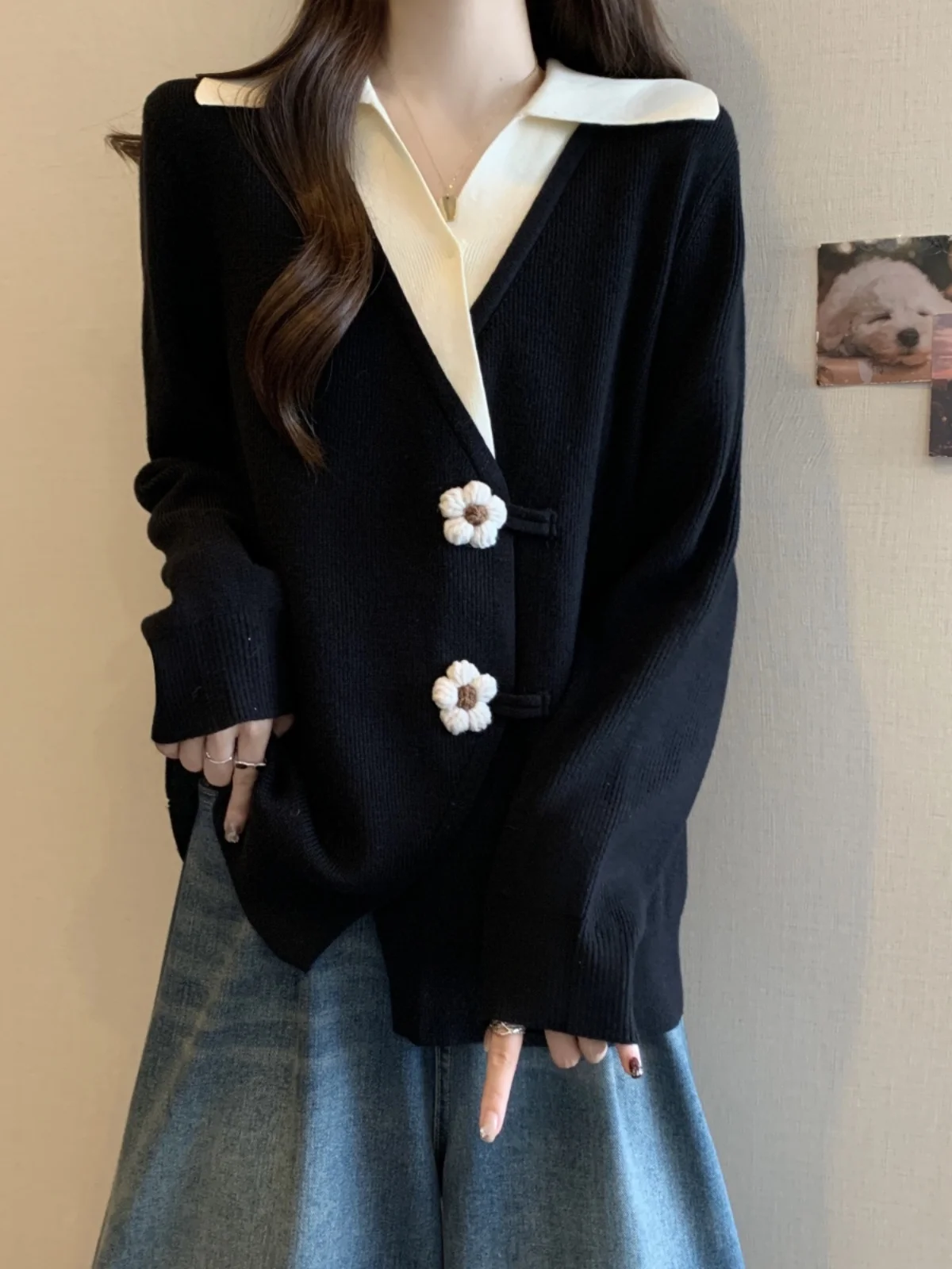 Plus size Angora Red Fake Two Pieces Lapel Shoulder Sweater Outerwear Chubby Girl Three-Dimensional Flower Irregular Knit...