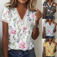 womens t shirt short sleeve print all match top lace v neck fashion floral print crochet t shirt 2022 summer loose casusal tops