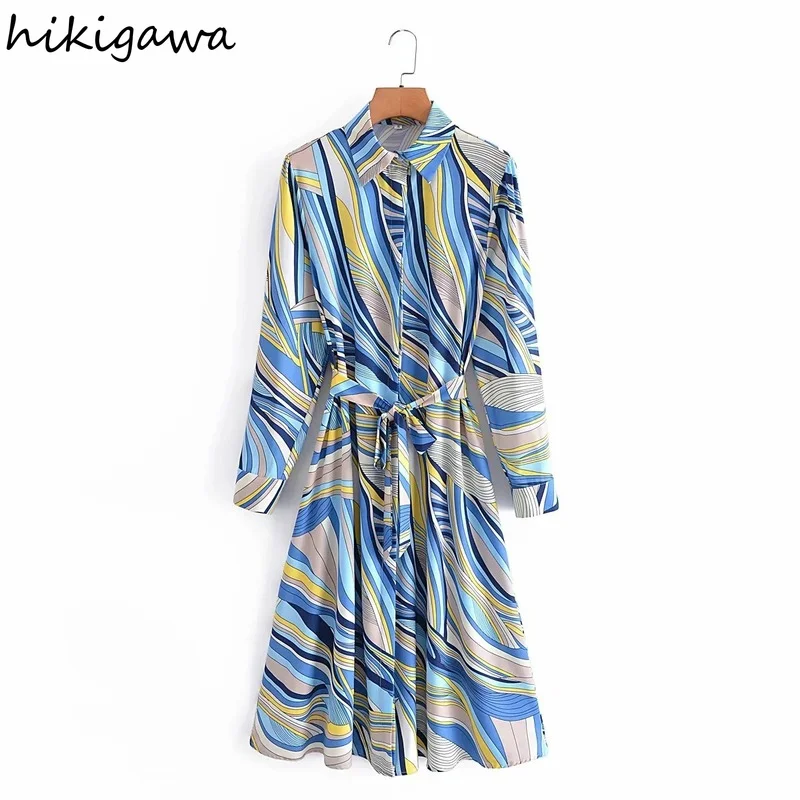 

Hikigawa Women Fashion Colorblock Line Long Turn Down Collar Tie Dress Vintage Long Sleeve Female Dresses Vestidos Mujer