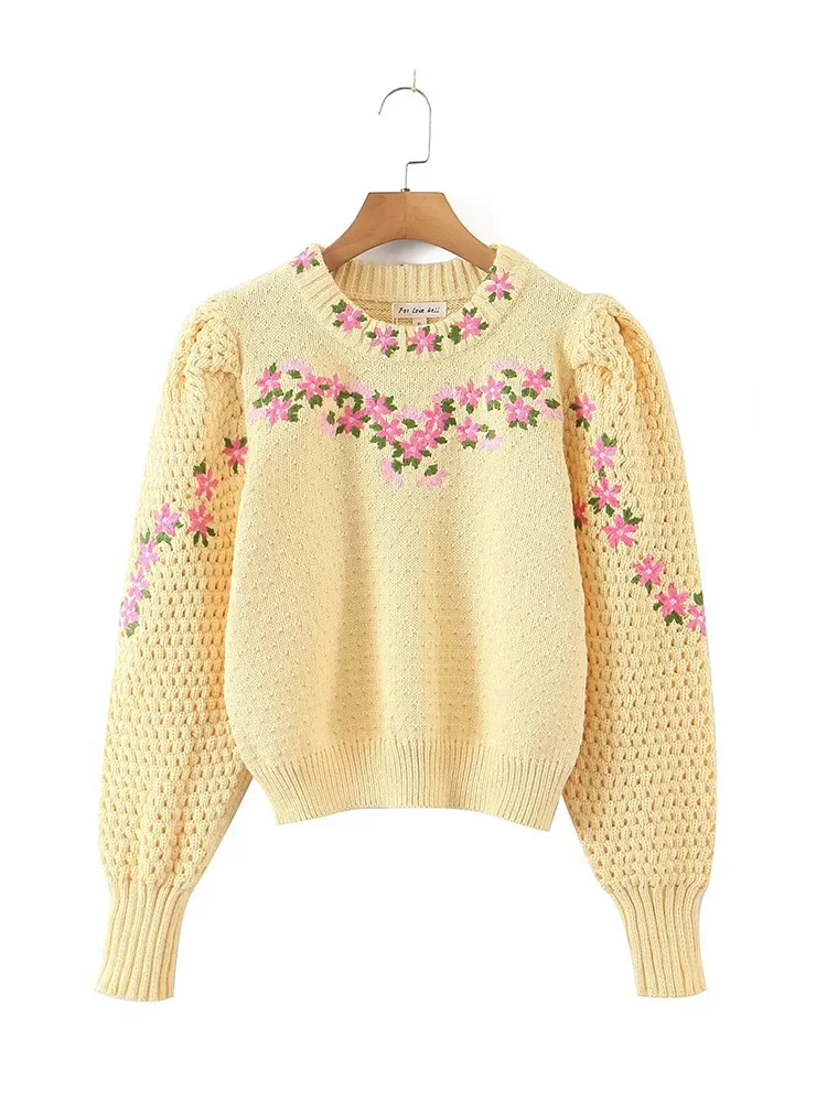 

Женский модный новый шикарный Элегантный Повседневный пуловер с круглым вырезом и милым цветочной вышивкой в стиле ретро свитер с длинным ...