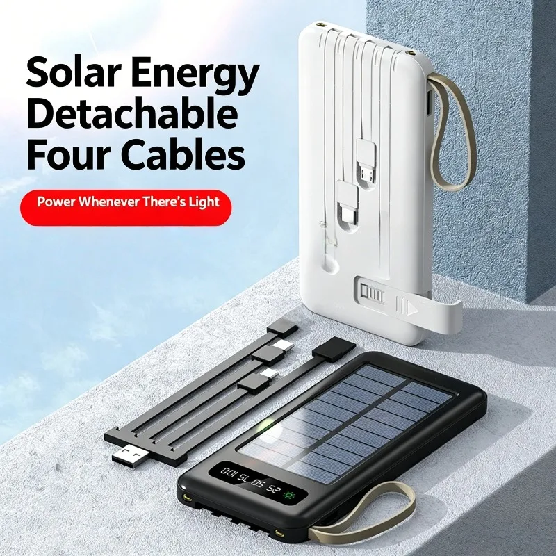 Фото Новый внешний аккумулятор (Power Bank) 20000/10000 мАч со встроенным кабелем для iPhone, Xiaomi и Samsung, с солнечной зарядкой №2