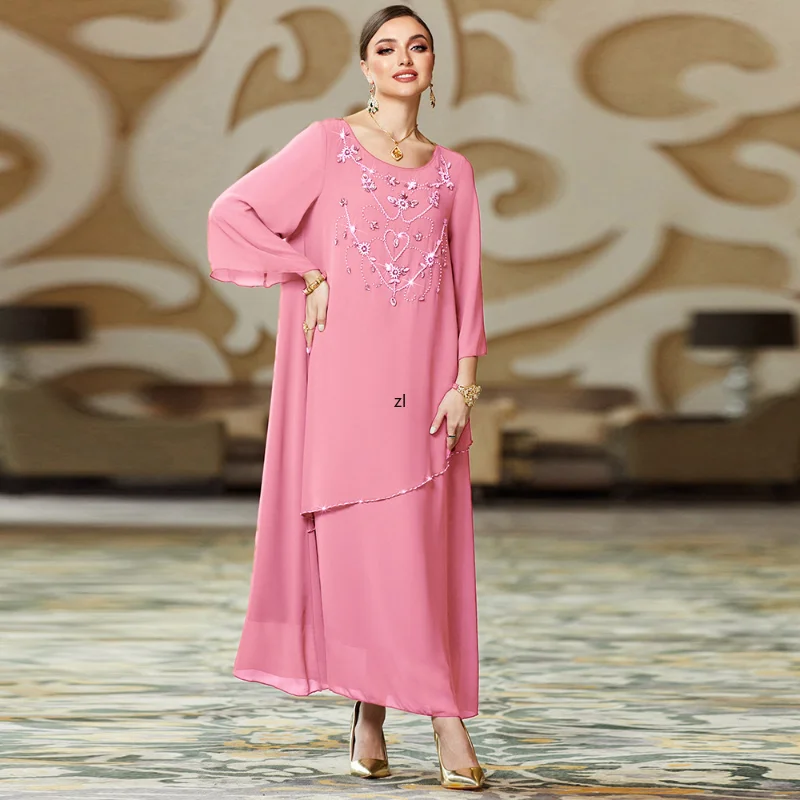 Sweet Cherry Blossom Pink Hand Sewn Diamond Beaded Chiffon Long Dress Modest Muslim Dubai Moroccan Jalabiya Eid-al-Adha 2023