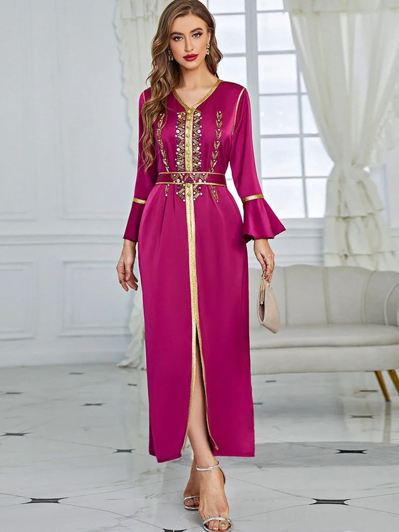 Party Moroccan Embroidered Kaftan Women Hand Sew Rhinestone Golden Trim Satin Arabic Long Dress Muslim Dubai Ramadan Abaya 2022