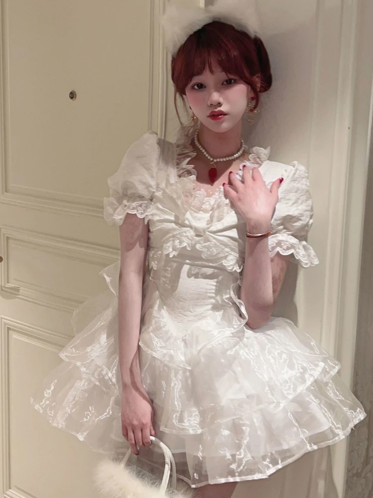 

HOUZHOU White Lolita Dress Kawaii Lace Patchwork Women 2022 Summer Mini Dress Princess Sweet Japanese Style Streetwear Fairy