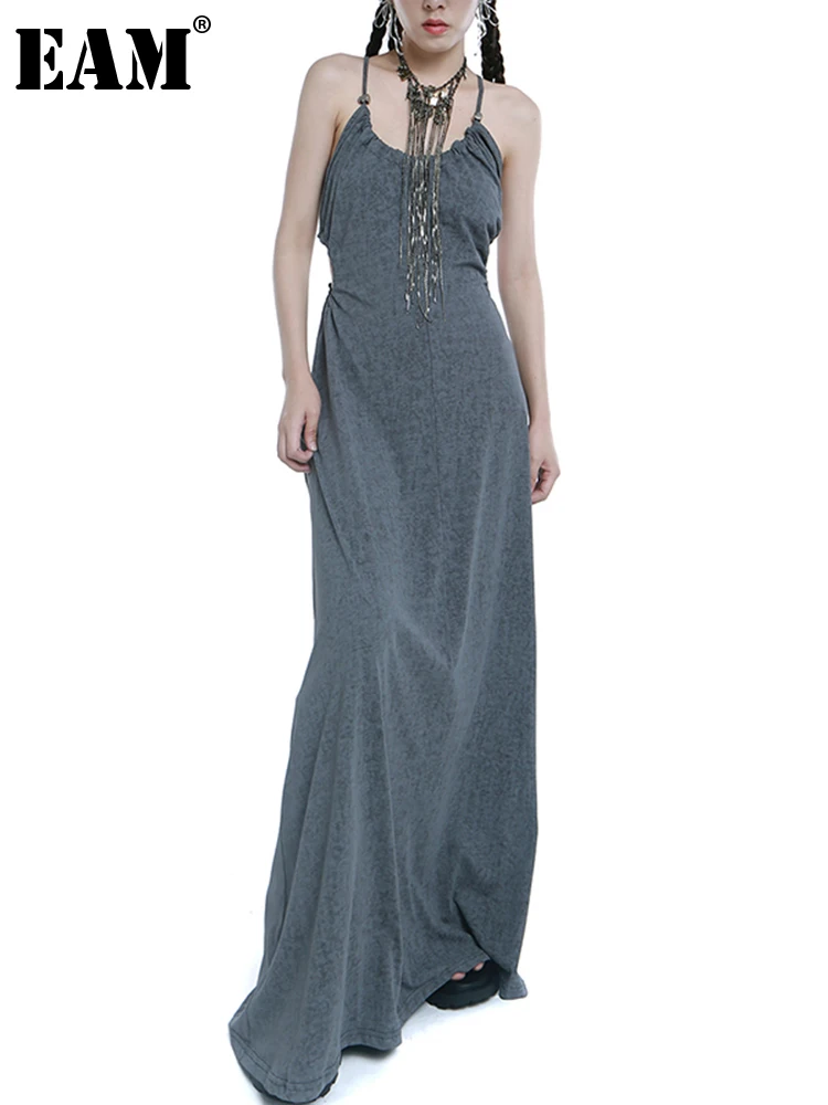 

[EAM] Women Gray Drawstring Backless Long Elegant Dress New V-Neck Sleeveless Loose Fit Fashion Tide Spring Summer 2022 1DE8466