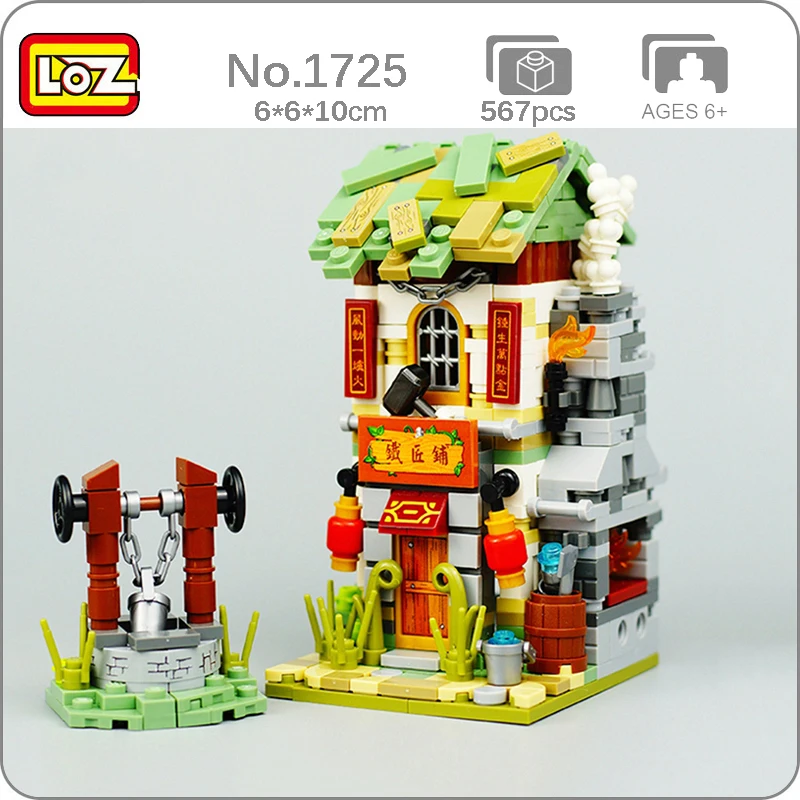 

LOZ 1725 City Street Chinatown Blacksmith Weapon Shop Smithy Architecture 3D Mini Blocks Bricks Building Toy for Children no Box