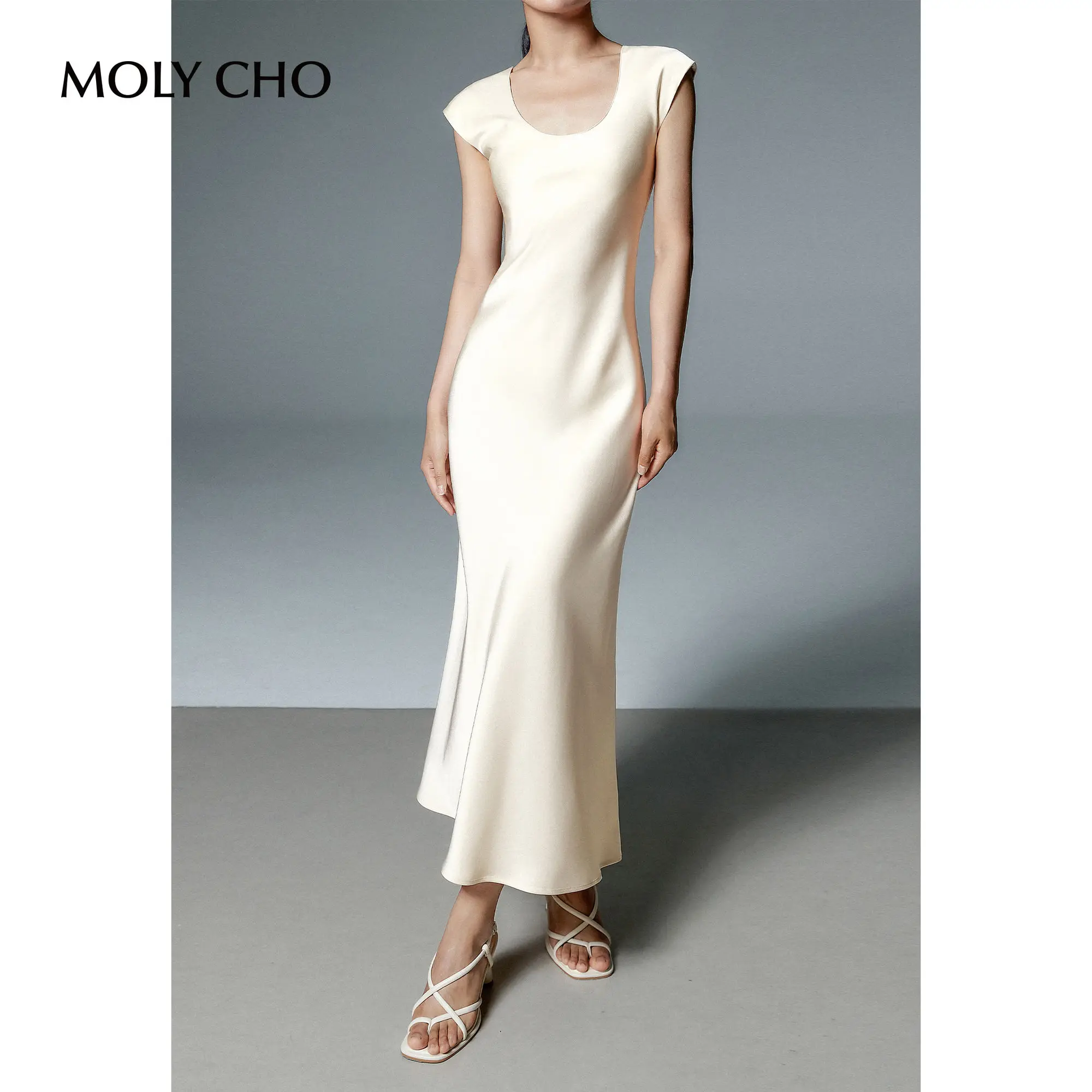 Low Neck Sleeveless Satin Dress Women's Summer Simple Style Waist Long Dress Neck Mid length Dress