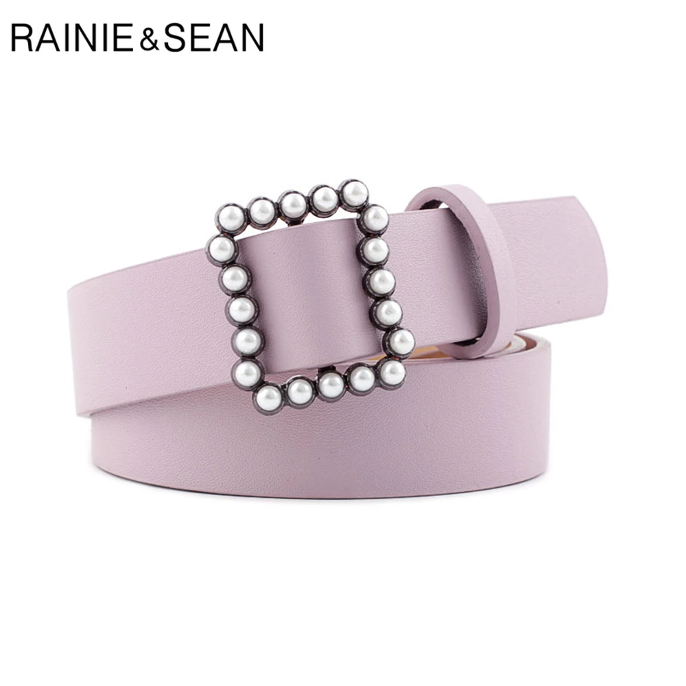 

Женский кожаный ремень RAINIE SEAN, однотонный черный, белый, красный, бежевый, розовый, синий ремень с жемчужной пряжкой