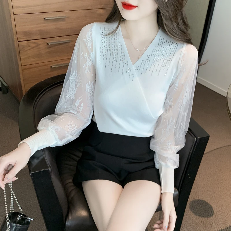 Женская кружевная блузка с длинными рукавами элегантная облегающая V-образным