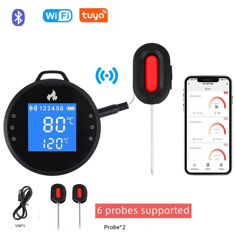 

Tuya Wi-Fi&Bluetooth Digital Bbq Thermometer Rechargeable Wireless Food Meat Bbq Smoker Thermometer 4/6 Probes Temp Graph Alarm