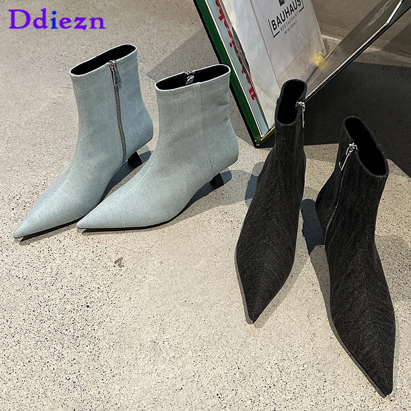 

Джинсовые осенние ботильоны для женщин, женская обувь, модная обувь, новинка 2023, женские туфли-лодочки на молнии, современные короткие ботинки с острым носком