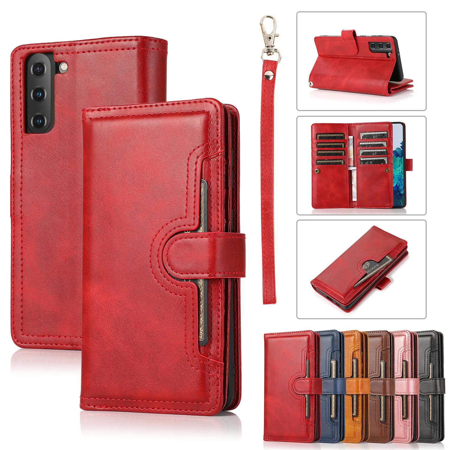 

Чехол-бумажник для Samsung Galaxy S21, ультрамолния, карманный ремешок на запястье, 8 слотов для карт, чехол-книжка для телефона Samsung S21 Plus S21