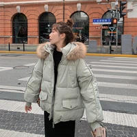 women loose short big furry collar down jacket casual commute winter clothing solid colors overcoats winter warm hooded parkas