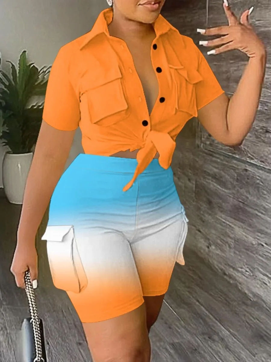 

LW Plus Size Women's Set Gradient Side Pocket Shorts Set summer Two 2 Piece Set Outfit Tracksuits 2023 Casual Female Outfit Trac