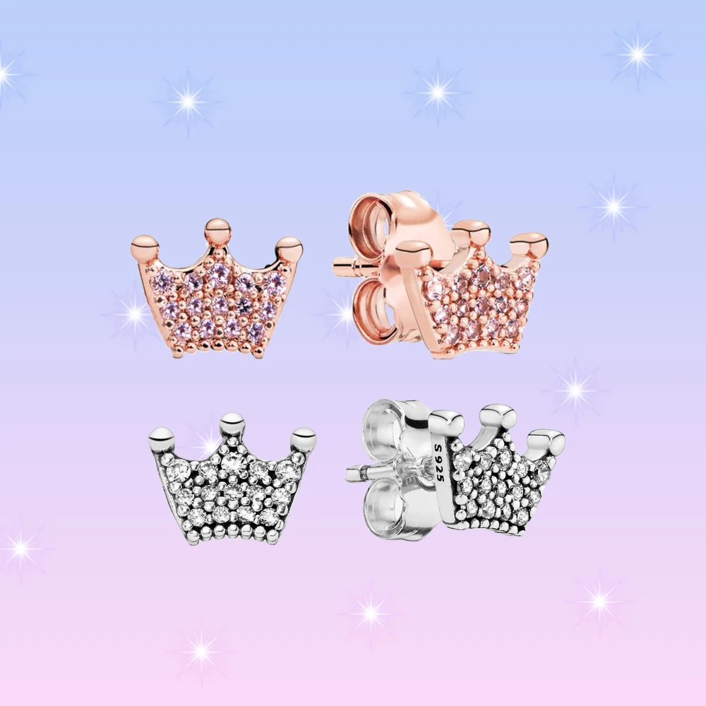 

925 Silver Crown Stud Earrings Anniversary Romantic Jewelry fit Pandora Original Ladies DIY Fashion Gift
