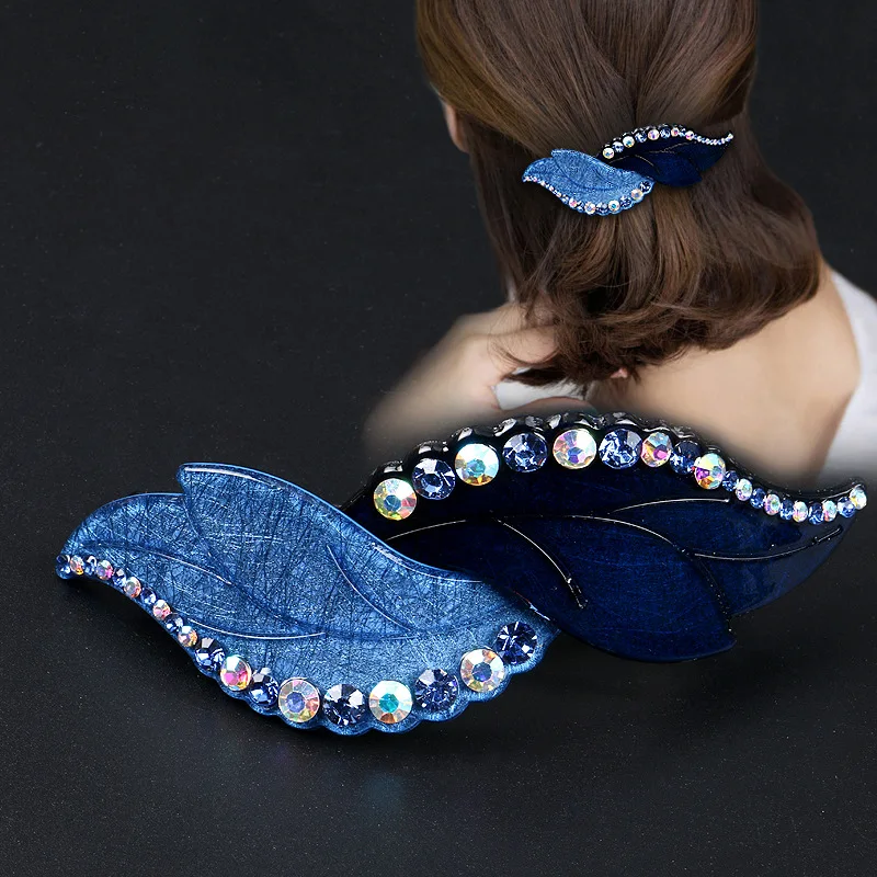 

Fashion Korean version fresh rhinestone hairpin leaves top clip spring clip large ponytail buckle head flower hair accessories
